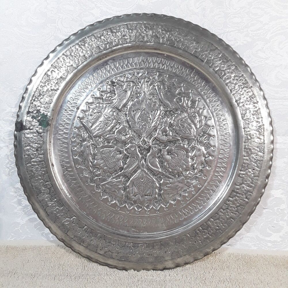 15.5" Metal Plate Wall Hanging, Hammered Tin on Copper? Charger, Birds Floral